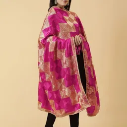 Moda Chales Geometric Woven Design Dupatta with Phulkari image 5