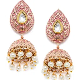 PANASH Gold-Plated & Pink Handcrafted Teardrop Shaped Jhumkas image 3