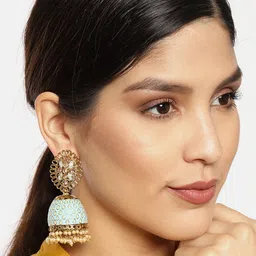 Zaveri Pearls Gold-Toned & Turquoise Blue Dome Shaped Jhumkas image 4