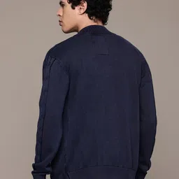 roadster Men Self Design High Neck Blue Sweater image 4