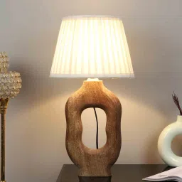 tu casa Off White Satin Shade Table Lamp With Mango Wood Base image 1