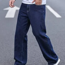 angerhood Men Loose Fit Mid Rise Dark Blue Jeans image 1