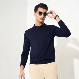 Men Solid Collared Neck Blue Sweater-image-29