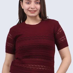 houseofcommon Casual Regular Sleeves Self Design Women Maroon Top image 1