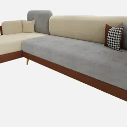 casacraft from pepperfry Montez Velvet RHS Sectional Sofa (3 + Lounger) in Brown & Beige Colour image 4