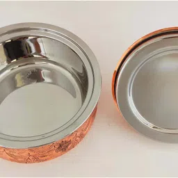 indian art villa Steel Copper Casserole/Hot Pot With Deep Embossed Design & Brass Knob, 1000 ML Serve Casserole image 4
