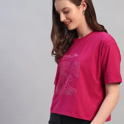cantabil Women Printed Round Neck Cotton Blend Purple T-Shirt image 3