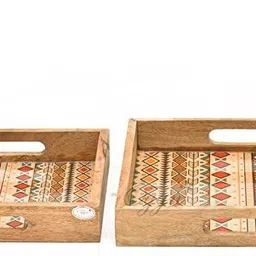 oggn Wooden Printed Multi Purpose Tray Set Of 2 Vintage Serving Tray For Kitchen Tray image 5