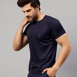 udi n adi Pack of 2 Men Solid Round Neck Polyester Dark Blue, Black T-Shirt image 3
