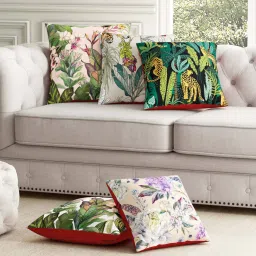 sej by nisha gupta Green Floral Leaf Poly Cotton 16 x 16 Inches Cushion Covers (Set of 5) image 1