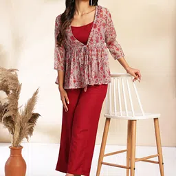 janasya Women Crepe Crop Top Pant Ethnic Jacket Set image 2