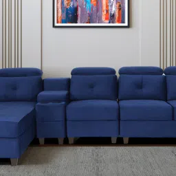 woodsworth from pepperfry Impero Velvet RHS Sectional Sofa (3+ Lounger) in Royal Blue Colour with Adjustable Headrest image 1