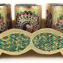 vedvit Stainless Steel Meenakari Flower Drinking Glass with Serving Tray Juice Glass Tray, Glass Serving Set-picture-11