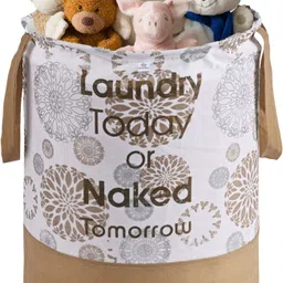 heart home Cotton Floral Print Foldable 45L Toys Organizer for Kids Room | White & Gold Storage Basket-picture-27