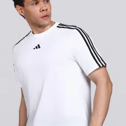 adidas Men Solid, Striped Round Neck Cotton Blend White T-Shirt image 2