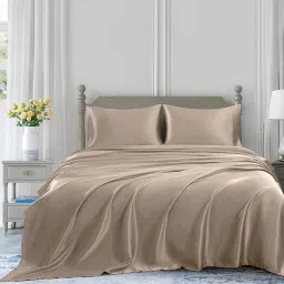 coolbeds Taupe Solid 400 TC Satin Queen Fitted Bedsheet with 2 Satin Pillow covers image 4