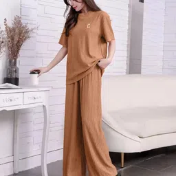lugo Women Night Suit Set Brown Solid-picture-19