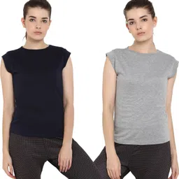 ap'pulse Pack of 2 Women Solid Round Neck Pure Cotton Dark Blue, Grey T-Shirt-picture-15