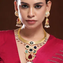 Rubans 22K Gold-Plated Ruby,Emerald & Blue Stone Studded Choker Set with Gold-Silver Beads image 1