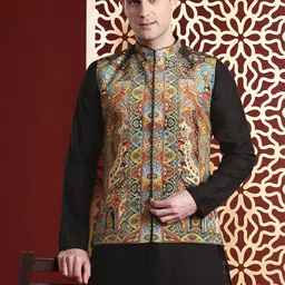 MANQ Solid Kurta with Trousers & Paisley Printed Velvet Nehru jacket-picture-40