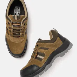 Woodland Men Camel Brown & Black Colourblocked Leather Sneakers-picture-18