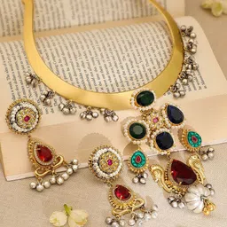 Rubans 22K Gold-Plated Ruby,Emerald & Blue Stone Studded Choker Set with Gold-Silver Beads image 2
