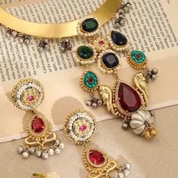 Rubans 22K Gold-Plated Ruby,Emerald & Blue Stone Studded Choker Set with Gold-Silver Beads image 4