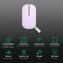 ASUS Marshmallow MD100 Bluetooth 5.0 Wireless Optical Mouse with Quiet Click Buttons (1600 DPI Adjustable, Battery Saving Technology, Mist Purple) image 2