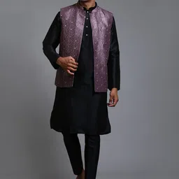 VASTRAMAY Mandarin Collar Sequinned Straight Kurta With Trousers & Nehru jacket image 1