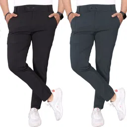 flicfol Pack of 2 Men Regular Fit Black, Grey Lycra Blend Trousers-picture-21