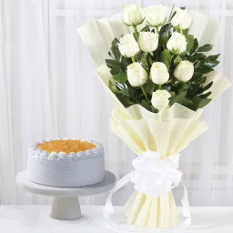 White Roses Bunch & Pineapple Cake image 1