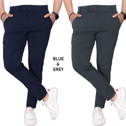 k.k garment Pack of 2 Men Slim Fit Blue, Grey Lycra Blend Trousers-picture-15