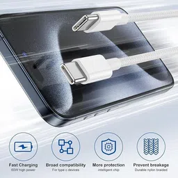 AACL Type C 1.5 m Original 20W 1M Type C to C Cable MFI Certified Compatible with iPhone 16,16 pro,16 pro Max,15 Plus,15 Pro Fast Charging Cord for Galaxy S23 Fe,Ultra S22,S21 Fe,S20 Fe, White image 4