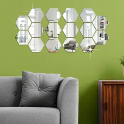 WallDaddy Silver Toned 16 Pieces Hexagon Design Mirror Wall Stickers-picture-10