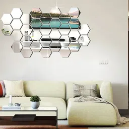 WallDaddy Silver Toned 32 Pieces Hexagon Design Mirror Wall Stickers-image-30
