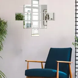 WallDaddy Silver Toned 13 Pieces Self-Adhesive Square Mirror Wall Stickers-image-69