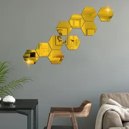WallDaddy Gold Toned 10 Pieces Hexagon Mirror Wall Stickers-picture-23