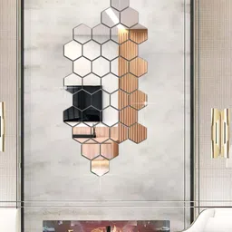 WallDaddy Silver Toned 34 Pieces Hexagon Mirror Wall Stickers-picture-33