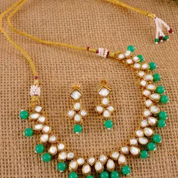 Crunchy Fashion Gold-Plated Green & White Kundan-Studded Traditional Jewellery Set-image-3