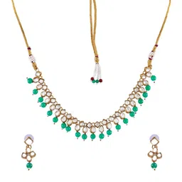 Crunchy Fashion Gold-Plated Green & White Kundan-Studded Traditional Jewellery Set image 3