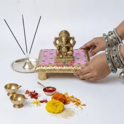 Decorwa Handicrafts Wooden Meenakari Pooja Chowki & Bajot 6 x 6 inch - White Wooden Pooja Chowki-picture-45