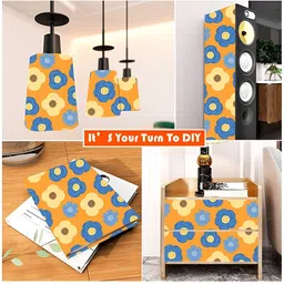 British Terminal Orange-Colored & Blue Floral Printed Self Adhesive Wallpaper image 2