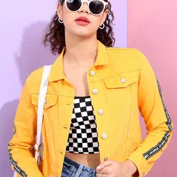 Tokyo Talkies Women Yellow Solid Denim Jacket-picture-43