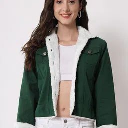 Funday Fashion Spread Collar Faux Fur Trim Detailed Cotton Denim Jacket-picture-19