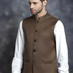 Anouk Brown Mandarin Collar Woven Nehru Jacket-picture-31