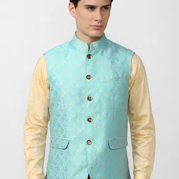 Peter England Elite Men Blue & Gold-Coloured Woven Design Nehru Jacket-image-76