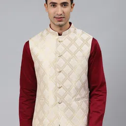 MANQ Men White Woven Jaquard Silk Nehru Jacket-picture-13