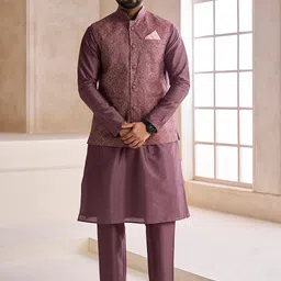 Inddus Mandarin Collar Regular Kurta with Trousers And Embellished Nehru Jacket-picture-25