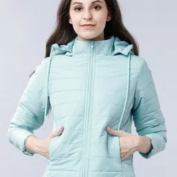 Tokyo Talkies Women Blue Solid Padded Jacket image 1