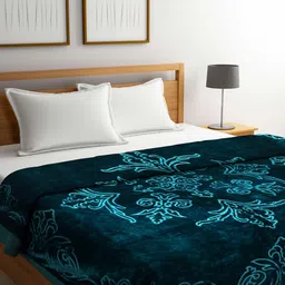 Arrabi Green Floral Printed 950 GSM Mild Winter Double Bed Blanket-image-92